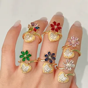 Modieuze Koperen Strass Bloem Hart Open Ring Voor Vrouwen Prachtige Verstelbare Vingerring Zoete Sieraden Cadeau