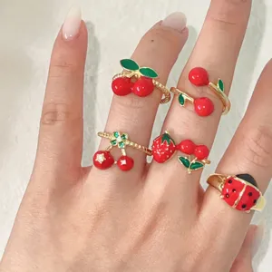 Zoete Vrucht Emaille Open Verstelbare Ring Vrouwen Koper Aardbei Kers Lieveheersbeestje Strass Vingerring Sieraden