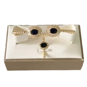 Elegant 18K gold plated zircon bracelet ring set with oval black stone fashion jewelry.