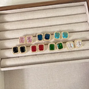 Orecchini a Bottone Geometrici Quadrati in Rame Placcato Oro Stile Francese Micro Intarsiato Strass Colorati Orecchini per Donna Regalo Gioielli