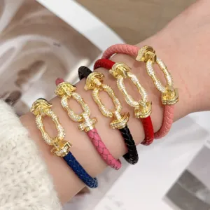 Fashion Braided Leather Bracelet For Women Men Copper Micro Inlaid Rhinestone Horseshoe Buckle Jewelry Couples Gift Hand Rope