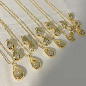 Vintage Copper Plated Gold Teardrop Heart Clover Zirconia Pendant Necklace Earrings Jewelry Set For Women Elegant Party Accessory