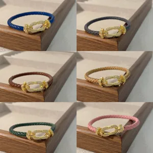 Braided leather bracelet set with micro-pave horseshoe clasp in multiple vibrant colors.