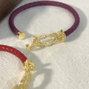 Detailed view of braided leather bracelet clasp with sparkling rhinestones in dual colors.