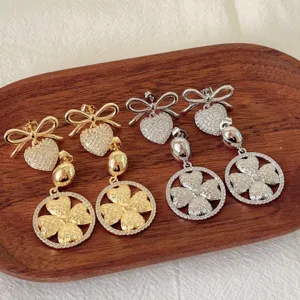 Pendientes Largos de Cobre Vintage para Mujer con Strass Trébol de Cuatro Hojas y Corazón Chapados en Oro 18K Strass Pavé Fiesta