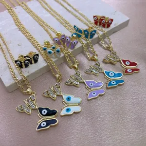 Collana Orecchini Gioielli in Rame Strass Farfalla Malocchio Occhio Blu Turco Smalto Ciondolo Collana Orecchini Gioielli