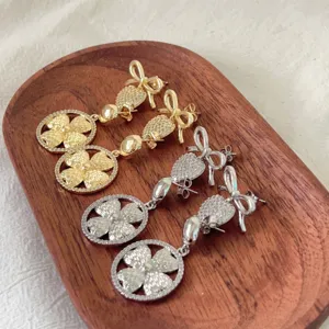 Pendientes largos de trébol y circonita de cobre, joyería de lujo elegante para mujer