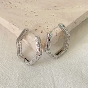 Orecchini a cerchio geometrici esagonali in zircone micro pavé color argento fashion