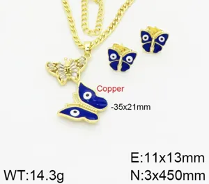 Bellissimo set di collana e orecchini a farfalla con malocchio in rame dorato per donna