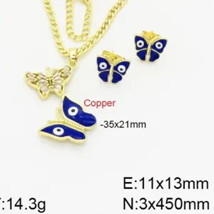 Set collana e orecchini farfalla malocchio color oro con smalto blu e pietre di cristallo.