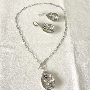 Edelstahl OT-Verschluss Halskette Ohrring Set mit Blumen Löffel Anhänger Details für Abendmode.