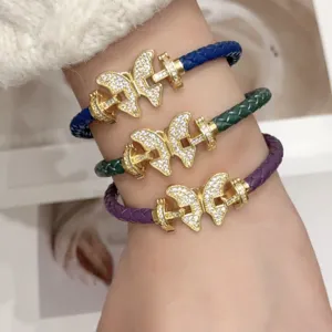 Schmetterling Geflochtenes Lederseil Armband Damen Herren Kupfer Vergoldet Zirkonia Mikro Pave Tier Charm Modeschmuck