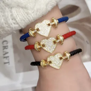 Bracciale Intrecciato in Pelle Con Ciondolo a Cuore Rame Strass Intarsiato Chiusura Magnetica Catena da Mano Per Coppie Regalo San Valentino Gioielli