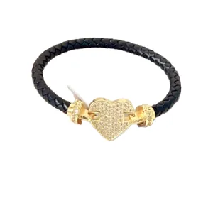 Bracciale in pelle nera intrecciata con chiusura a cuore dorata, gioiello da donna elegante