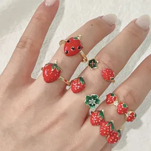 Anello in Rame Regolabile Aperto da Donna Dolce Fragola Smaltata Ciliegia Modello Floreale Strass Anelli Moda Gioielli Frutta Regalo