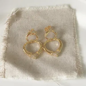 gold plated micro-set zircon double heart stud earrings minimalist chic jewelry detail view
