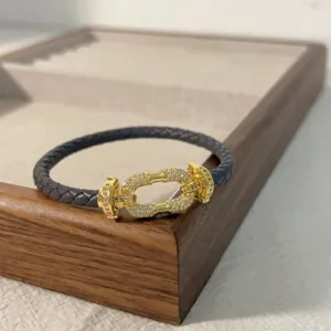 Detailed close-up shot of dark braided leather bracelet featuring gold horseshoe rhinestone clasp.