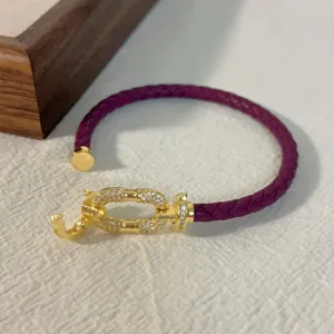 Purple braided leather bracelet with gold-colored micro-pave rhinestone horseshoe buckle detail.