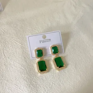 Gold green emerald double drop geometric earrings retro court style jewelry accessories