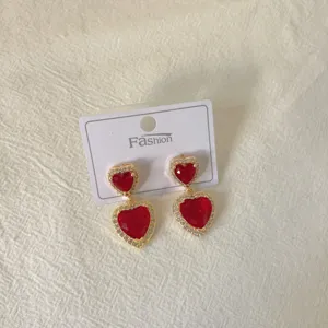 Double heart red crystal gold plated earrings fashion cute jewelry gift for women girls