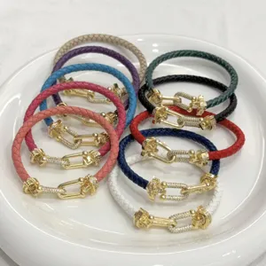 Multi-color braided leather bracelet with pavé rhinestone lock clasp for couple chic style