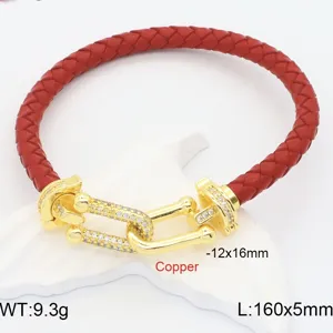 Red braided leather bracelet with gold pave U-shackle clasp, 160x5mm length, stylish jewelry.