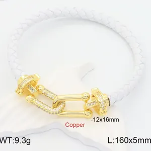 White Braided Leather Bracelet Gold Color U-Shaped Link Zirconia Jewelry Detail View
