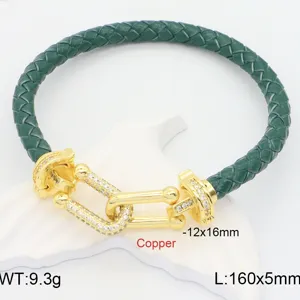 Green braided leather bracelet with gold lock clasp pavé crystal chic couple jewelry