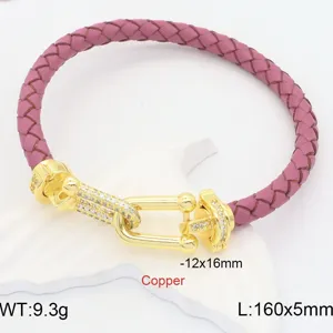 Pink braided leather bracelet with pavé shackle clasp stylish design size 160x5mm