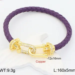 Purple braided leather bracelet with gold-plated U-shaped diamond clasp, stylish jewelry.