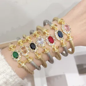 Luxury 18K Gold Plated Copper Cable Twist Cuff Bracelet For Women Vintage Oval Zirconia Inlaid Bangle Hand Jewelry