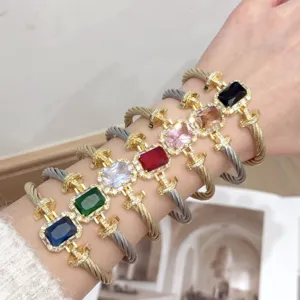 Vintage Luxury Alloy Rhinestone Cable Twist Bangle For Women Geometric Square Charm Open Cuff Bracelet Elegant Hand Jewelry Gift