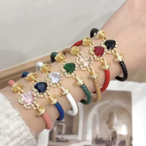 Fashion Heart Zirconia Bracelet For Women 18K Gold Plated Copper Micro Inlaid Woven Leather Cord Minimalist Jewelry Gift