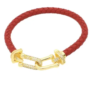 Red braided leather bracelet with gold pave U-shackle clasp couple jewelry chic style