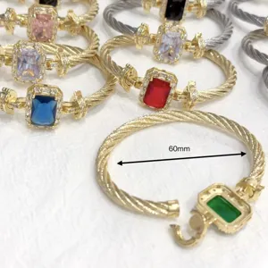 Detailed view of 18K gold plated twisted cable bracelets with colorful zircon square clasps 60mm