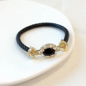 Lusso vintage bracciale in pelle intrecciata con pietre zirconi placcate oro 18k stile moda donna.