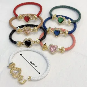 Chic micro-paved Zirconia heart braided leather bracelet stack, 18K gold plated fashion jewelry.