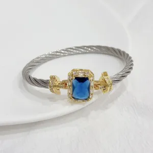 Retro luxury cable bracelet with blue gemstone and gold zircon square buckle for women