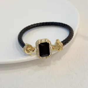 Bracciale in pelle vintage placcato oro zircone fibbia quadrata gioielli moda donna chic