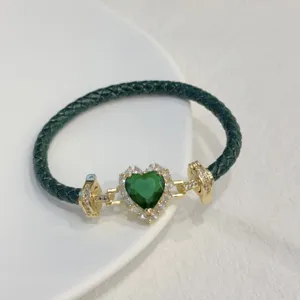 Green heart zircon braided leather bracelet, 18k gold plated copper fashion luxury jewelry.