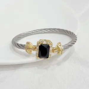 European retro 18k gold plated cable wire bracelet with square black cubic zirconia detail