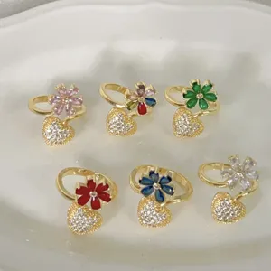 Verguld koper zirkoon bloem hart open ring set voor vrouwen mode sieraden stijlvol