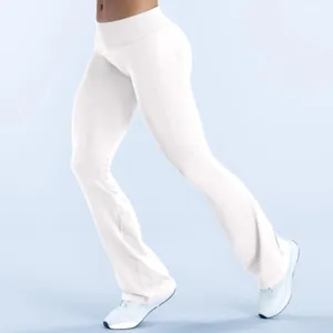 Detail van de stijlvolle high-waist flared yogabroek met comfortabele drielaagse tailleband