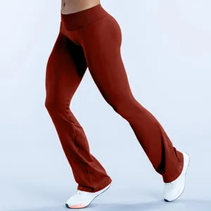 Dames hoge taille uitlopende yoga broek roestbruin effen sport fitness detail weergave