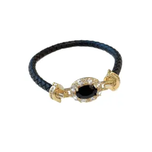 Lusso ovale zircone pelle corda bracciale con 18k placcato oro rame donna vista principale articolo