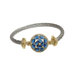 European and American style light luxury cable cuff bracelet with blue zircon round stone cluster.