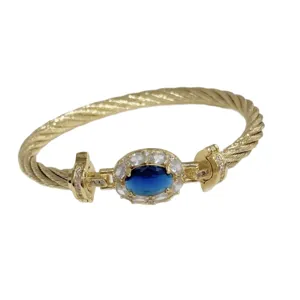 Luxury 18K gold plated twisted cable oval blue zircon cuff bracelet for women jewelry.