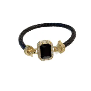 Bracciale in pelle nera intrecciata vintage di lusso con zircone dorato e pietra nera