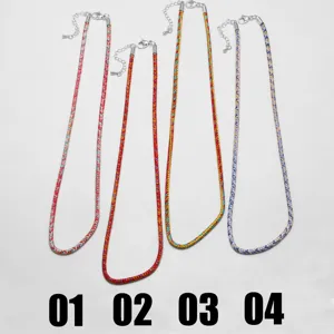 Close-up detail of colorful woven braided cord necklaces with metal clasps, variant styles 01-04.