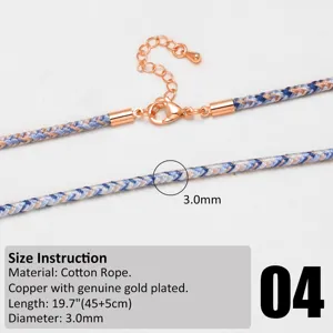 Detailed shot of 3.0mm colorful braided cotton rope necklace cord with genuine gold plated copper clasps.